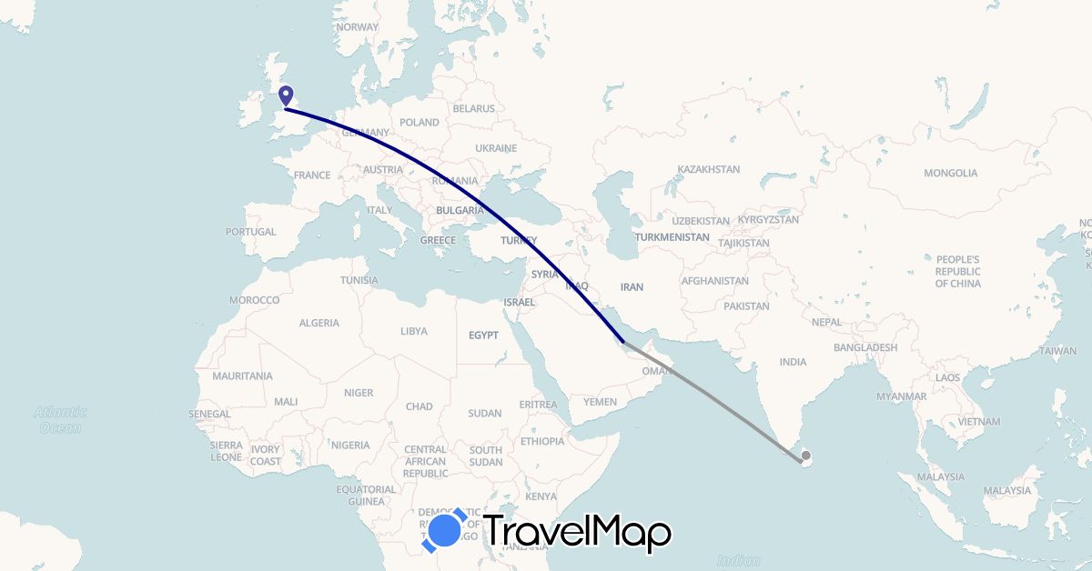 TravelMap itinerary: driving, plane in United Kingdom, Sri Lanka, Qatar (Asia, Europe)